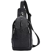 Hebetag Crocodile Genuine Leather Sling Chest Bag for Men&Women Travel Outdoor Hunting Hiking Camping Crossbody Shoulder Pack Pouch Backpack Daypack Black