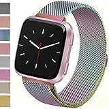 Vancle Metal Band Compatible with Fitbit Versa Bands, Stainless Steel Milanese Mesh Loop Metal Replacement Wristbands with Magnet Lock for Fitbit Versa (Rainbow, Large)