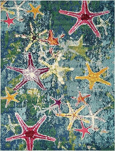 Unique Loom Positano Collection Coastal Modern Bright Colors Starfish Runner Rug_CAP001, 8' 0 x 10' 0, Navy Blue/Teal