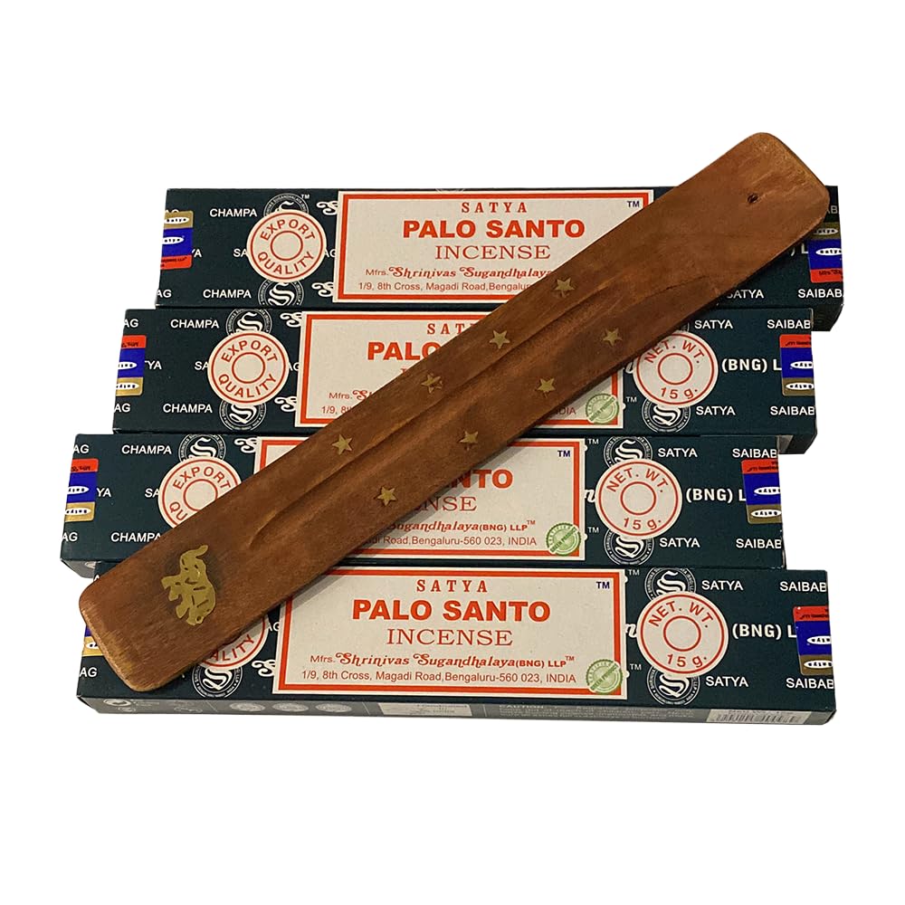 VIE Satya Incense Sticks, 4 Packs x 15g, with Incense Holder, Palo Santo