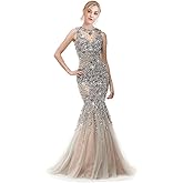 Aries Tuttle Sliver Bling Bling Crystals Beaded Mermaid Women's Prom Evening Shower Dress Celebrity Party Gown