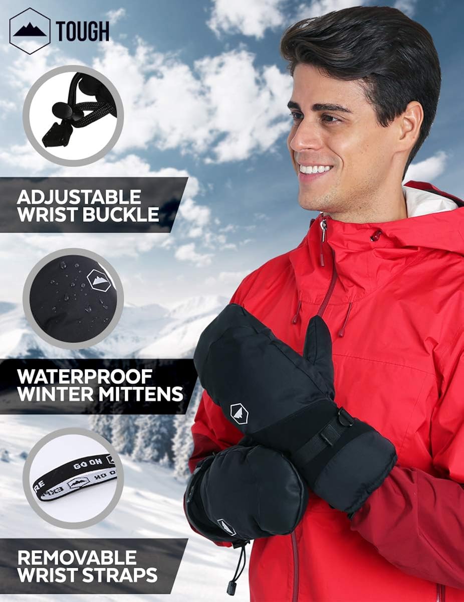 Winter Ski Mittens for Men & Women - Warm Adult Snow Mitts for Cold Weather - Waterproof Gloves Designed for Snowboarding, Skiing, Shoveling & Other Outdoor Sports - with Wrist Leashes : Clothing