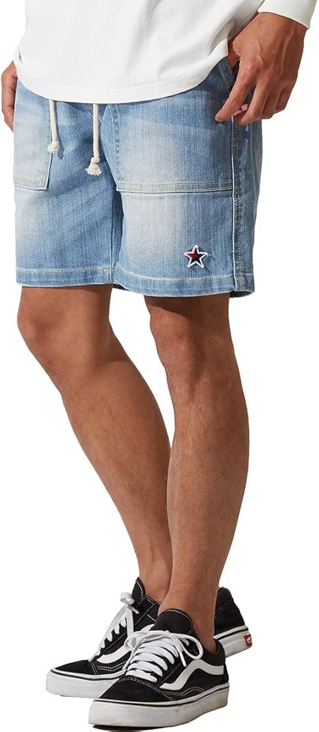 Amazon デニム ショートパンツ メンズ 膝上 ハーフパンツ ショーツ 短パン デニムパンツ ジーンズ ジーパン ベイカーパンツ インディゴ サックス ｍ サイズ ショートパンツ 通販