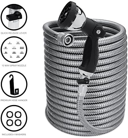 MorvatStainless Steel Garden Hose 100 Foot Heavy Duty with All Brass Shut-Off Valve, Kink and Tangle Free, Crush and Puncture Resistant, Includes Roll of Teflon Tape and Extra Washers