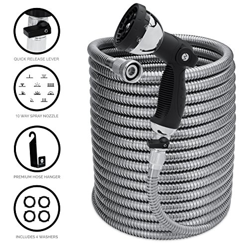MorvatStainless Steel Garden Hose 100 Foot Heavy Duty with All Brass Shut-Off Valve, Kink and Tangle Free, Crush and Puncture Resistant, Includes Roll of Teflon Tape and Extra Washers