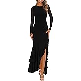 BTFBM Women's Maxi Dresses Spring 2026 Long Sleeve Ruched Bodycon Solid Ruffle Mermaid Cocktail Wedding Guest Dress