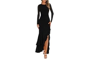 BTFBM Women's Maxi Dresses Fall 2025 Long Sleeve Ruched Bodycon Solid Ruffle Mermaid Cocktail Wedding Guest Dress