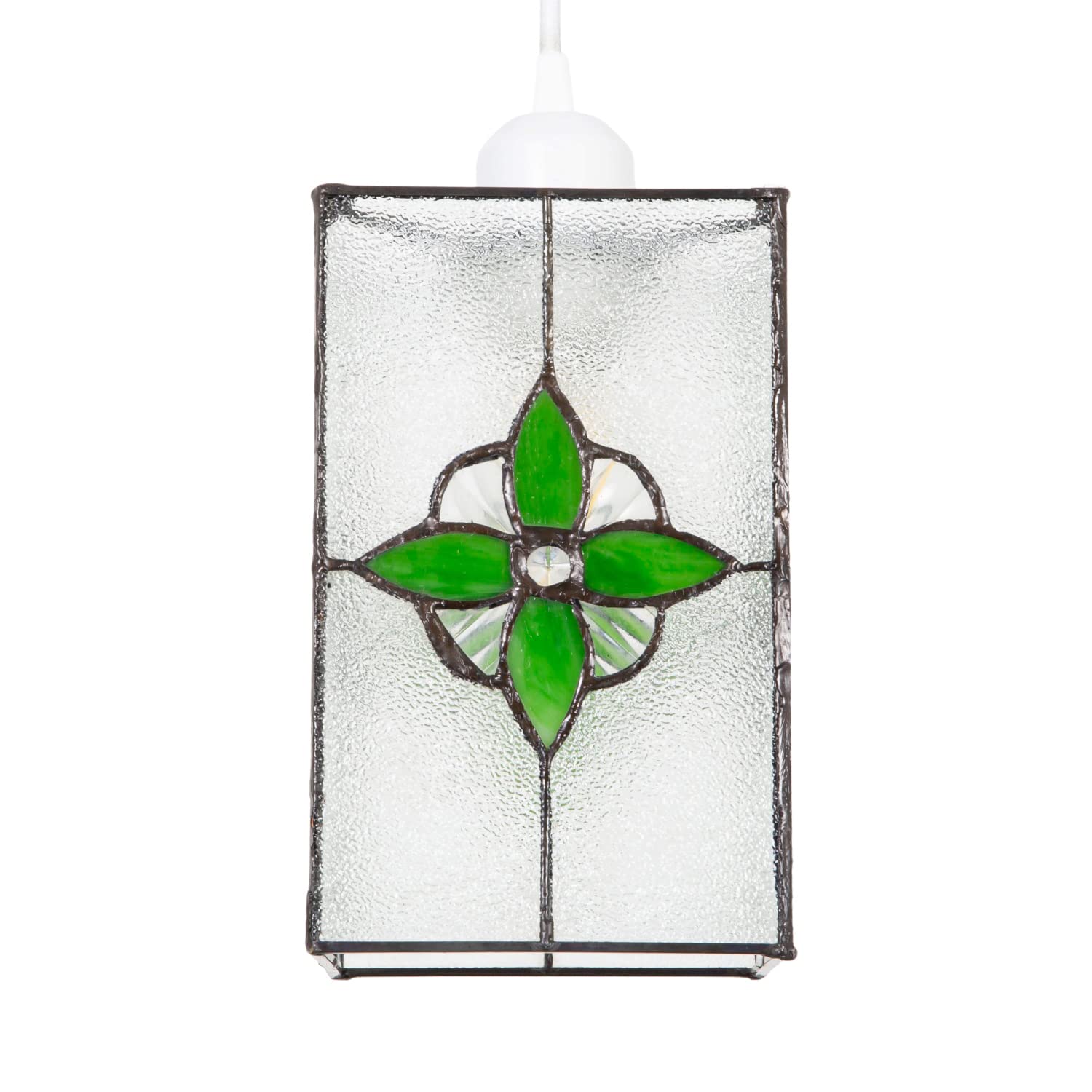 Traditional Clear Glass Tiffany Style Rectangular Pendant Light Shade with Bright Forest Green Panels | 21cm Height | 60w Maximum by Happy Homewares