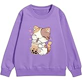 KEEVICI Cute Cat Sweatshirt For Girls Kawaii Graphic Hoodie Kids Cartoon Animal Print Pullover Cotton Long Sleeve Shirts Tops