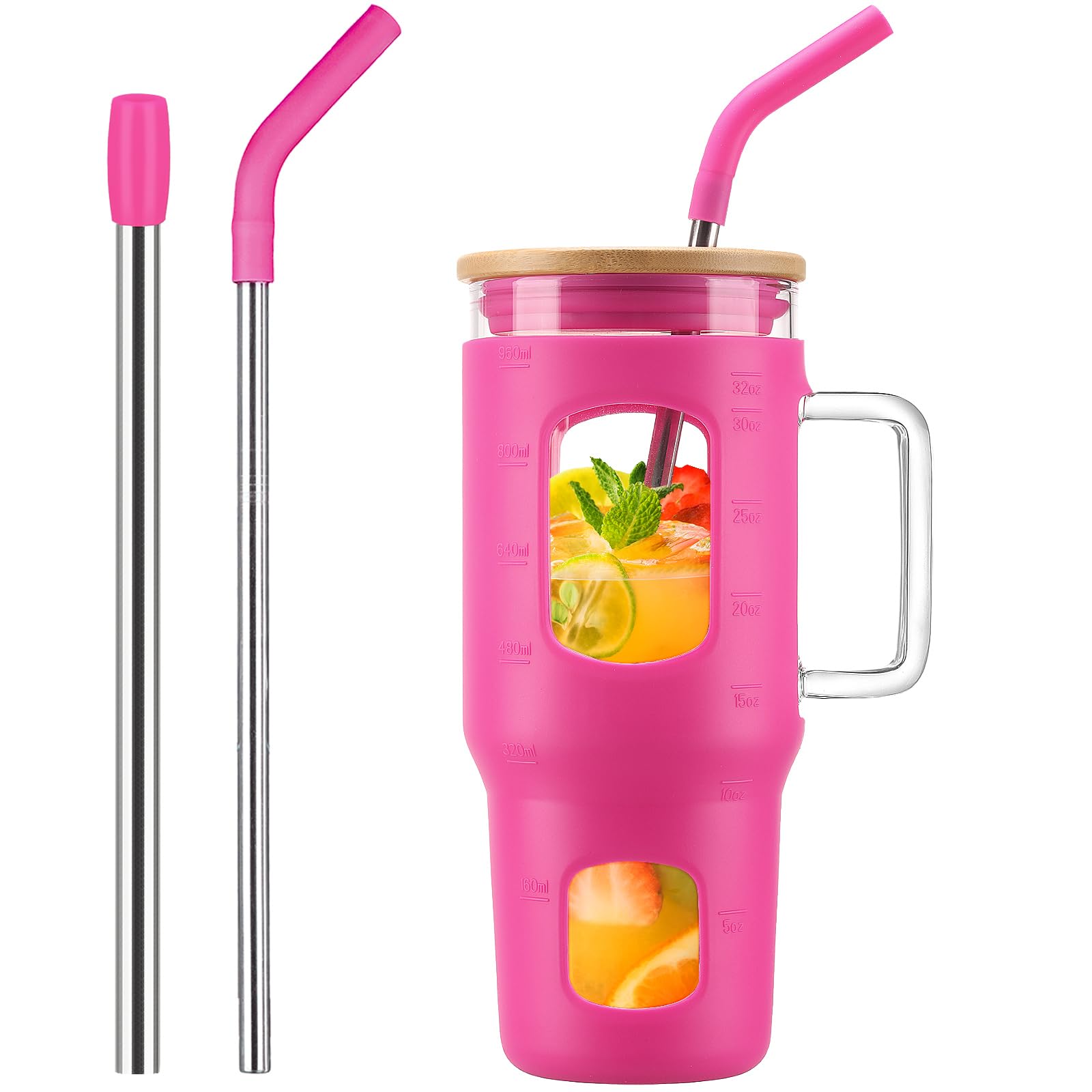 WINSA Glass Tumbler with Straw & Lid, 32 oz Glass Cup with Handle ...