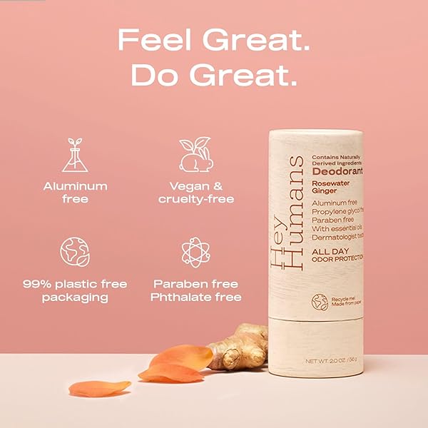 HEY HUMANS DEODORANT, ALUMINUM FREE DEODORANT FOR WOMEN AND MEN, CONTAINS NATURALLY DERIVED INGREDIENTS, ALL DAY ODOR CONTROL, REFRESHING ESSENTIAL OILS, EARTH FRIENDLY PACKAGE, ROSEWATER GINGER