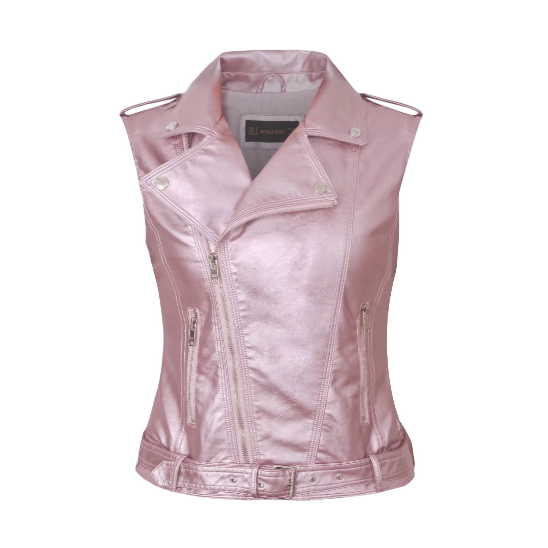 Daxvens Womens Motorcycle Biker Faux Leather Vest Slant Zip with Pockets Pink