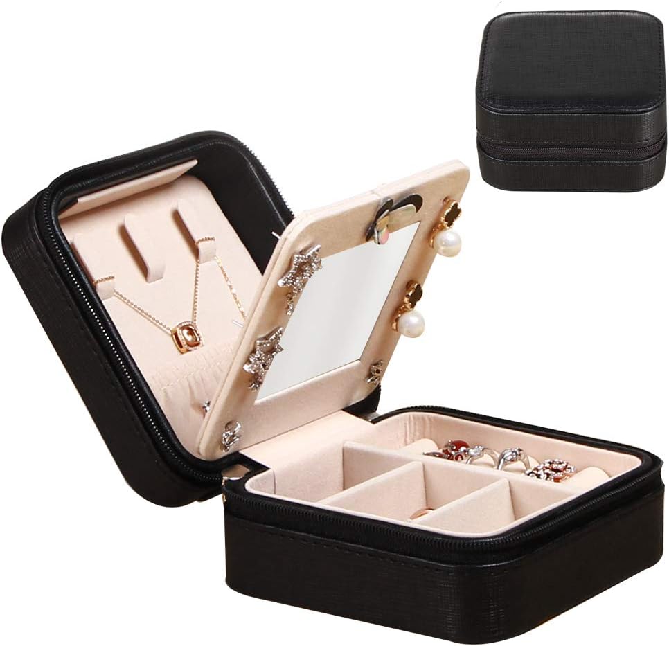 YAPISHI Jewelry Bag Organizer Case for Earrings Rings Necklace Bracelet Watch Storage, Faux Leather Portable Small Jewelry Case Box for Girls Women Travel (Black)