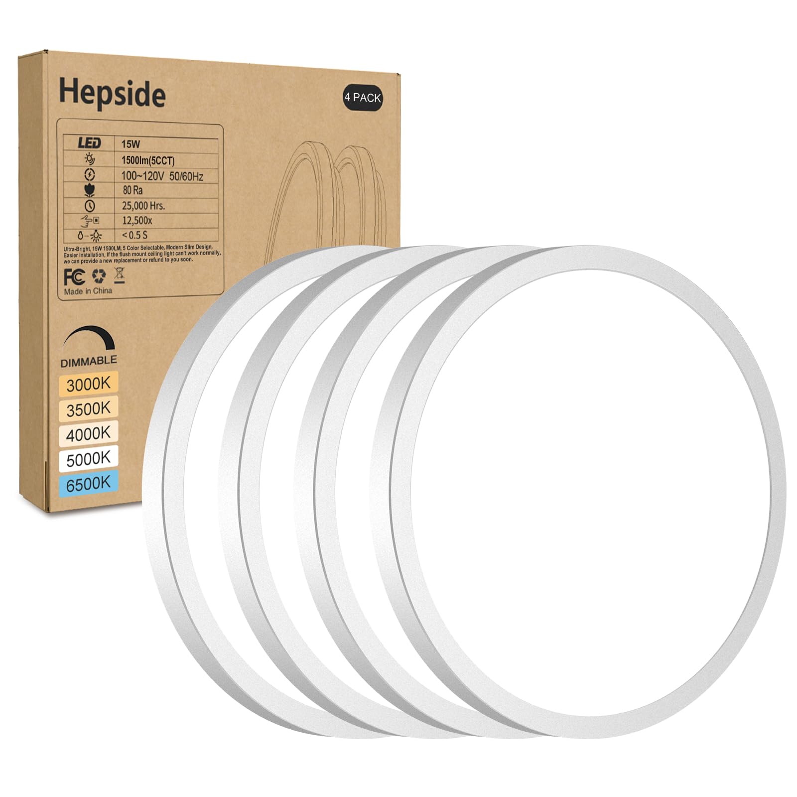 Photo 1 of 4Pack LED Flush Mount Ceiling Light Fixture, 7Inch 15W, Dimmable&3000K/3500K/4000K/5000K/6500K Adjustable Low Profile Ceiling Lights, 1500LM Round Lamp for Bathroom, Closet, Kitchen, Hallway, White