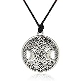 QIAN0813 Celttic Knot Triple Moon Pentagram Pentacle Star Wicca Pendant Necklace Round Pagan Jewelry
