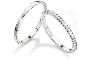 MILACOLATO 2Pcs Solid 925 Sterling Silver Rings for Women 1.3mm Thin Non Tarnish White Gold Plated Plain Thumb Stackable Rings Half Cubic Zirconia Wedding Eternity Band Rings Size 5-10
