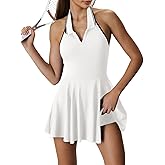 Fisoew Womens Tennis Dress with Built in Shorts and Bra Summer Backless Halter V Neck Yoga Golf Workout Athletic Mini Dresses