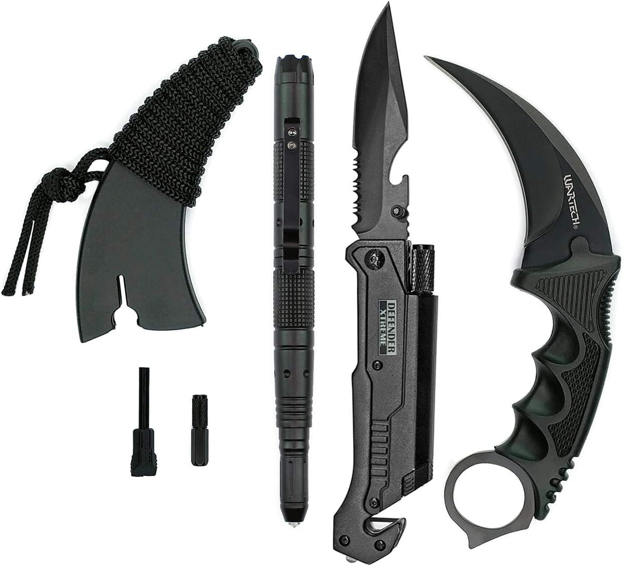 Blade Factory 3 Piece Tactical Set | Spring Assisted Multi Tool LED Pocket Knife | Karambit Claw Hawkbill Neck Knife | Multi Tool Tactical Pen | Bonus Multi-Tool Keychain