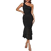 ZESICA Women's One Shoulder Summer Dress Sleeveless Mesh Ruched Bodycon Sexy Formal Cocktail Midi Dresses