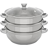 LIPQJWLE 11In Stainless Steel Steamer Pot, 3-tier Multipurpose Steaming Pot Steamer cookware with Lid and Handle for Vegetabl