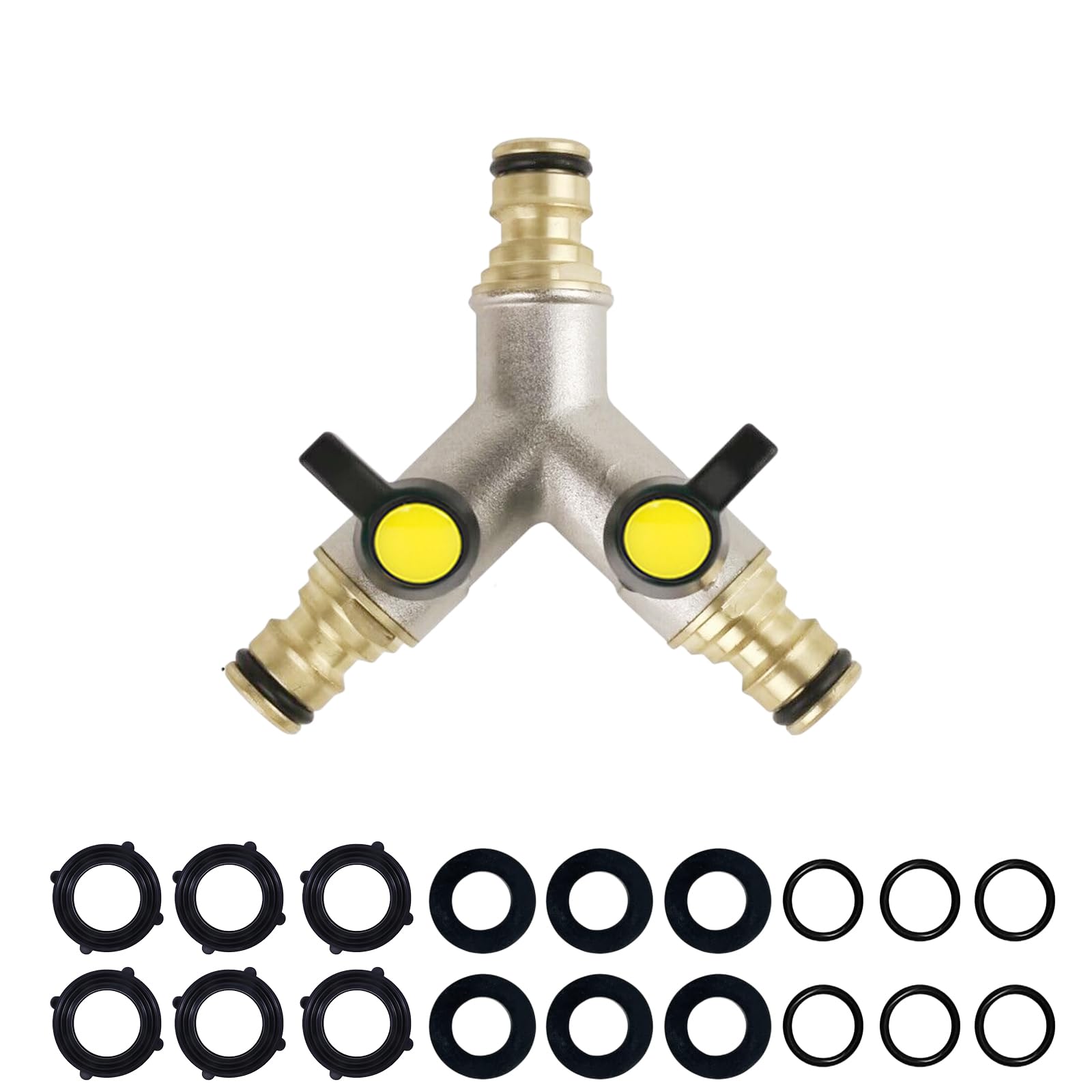Brass 2-Way Y Hose Splitter with On/Off Valve - Garden Water Diverter Adapter, Male Connector for Outside Tap Connection