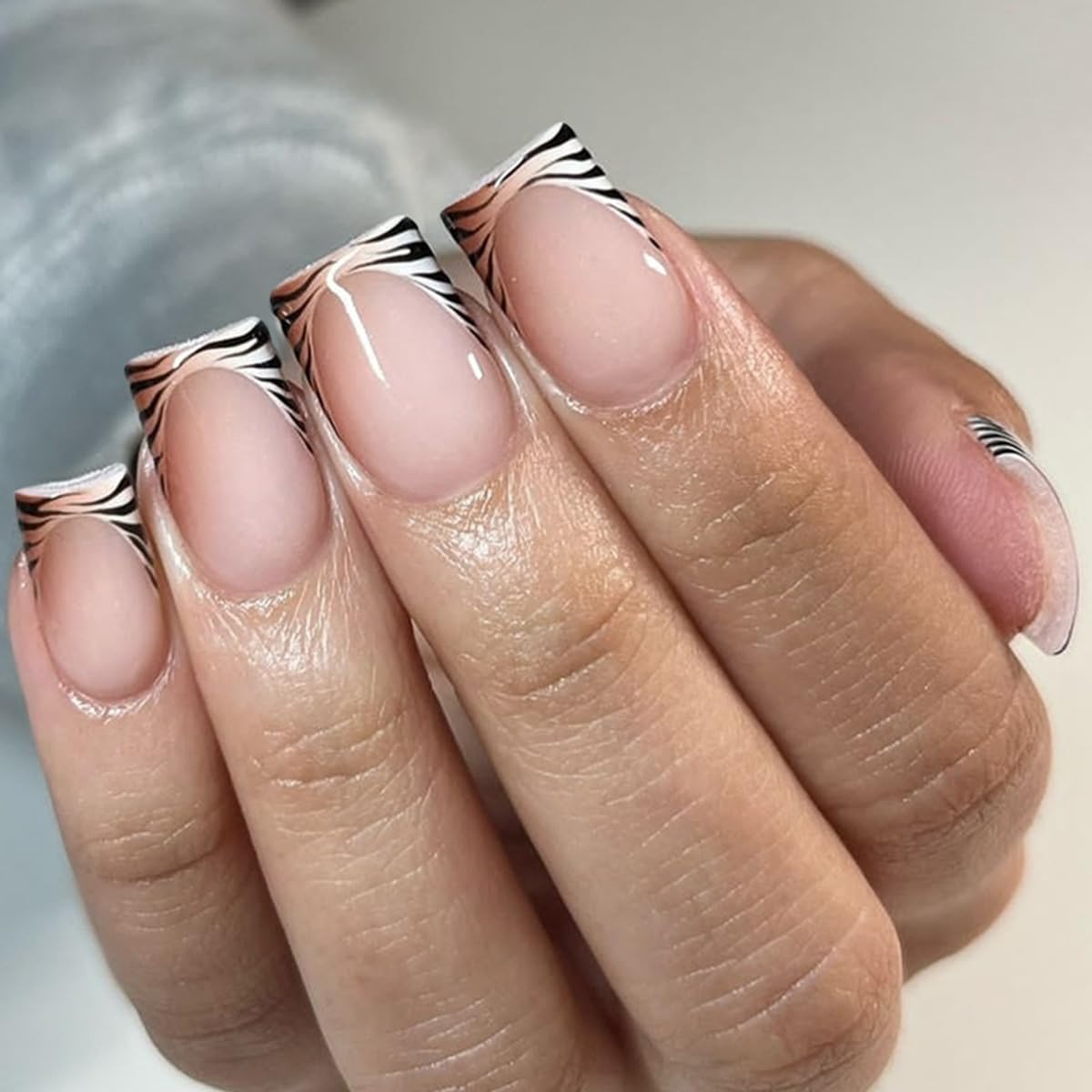 Photo 1 of 24 Pcs Pink Press On Nails Short Square,YEFIUO Spring Fake Nails Press ons Nail Art Tips Acrylic Nail Kit Glue on Nails Full Cover False Nails with Tiger Stripes French Glossy Design for Women