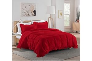Xtream Fabric Ultra Soft 1 Piece Frilled Duvet Cover with Beautiful Corner Edge Ruffle Comforter Cover 100% Cotton 800 Thread Count Solid King/California King Size, Red, 1FrilledCottonXF-61
