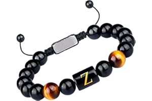 Purdvro Letter Initial Letter A-Z Bracelet for Men Teens Handmade Natural Black Onyx Tiger Eye Stone Bead Bracelet Meaningful Gift Birthday Anniversary