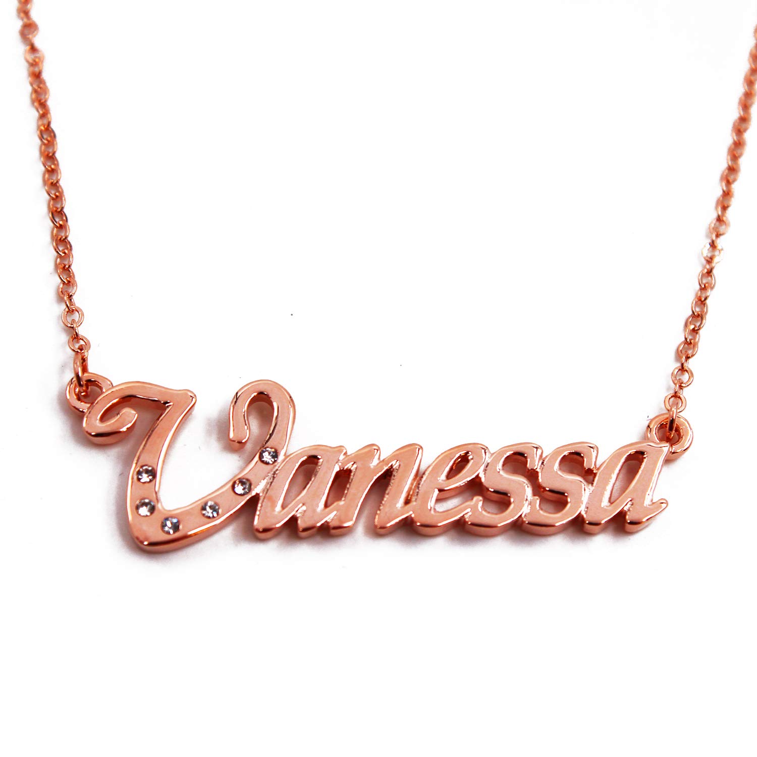 Kigu Vanessa Name Necklace Personalised 18K Rose Gold Plated, Custom Dainty Name Pendants, Jewellery for Ladies, Girlfriend, Mother, Sister, Friends Inc Bag & Box