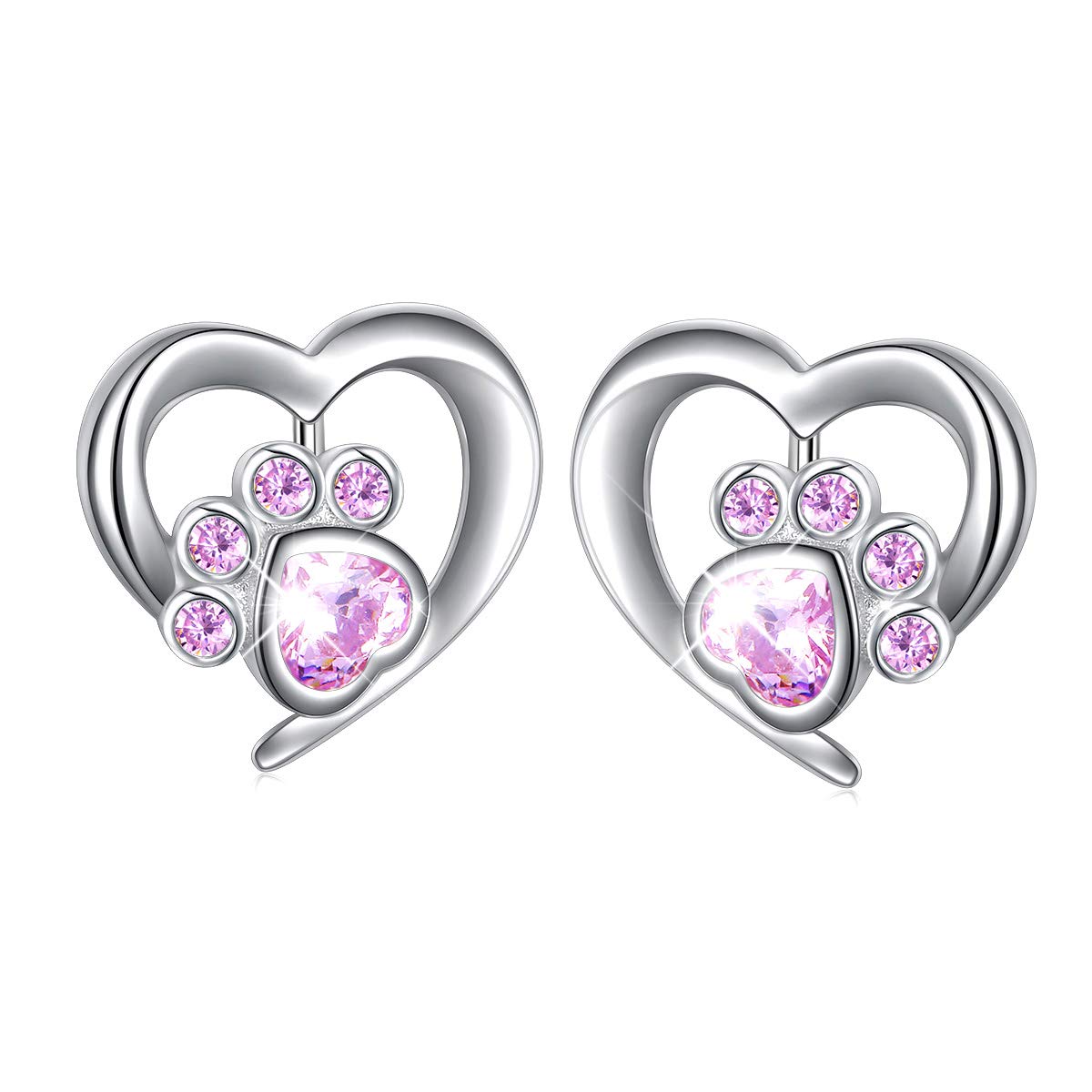 Dog Earrings 925 Sterling Silver Cute Pink Heart CZ Cat Puppy Dog Paw Print Stud Earrings Birthday Gift for Women(Nickel Free) — image 1