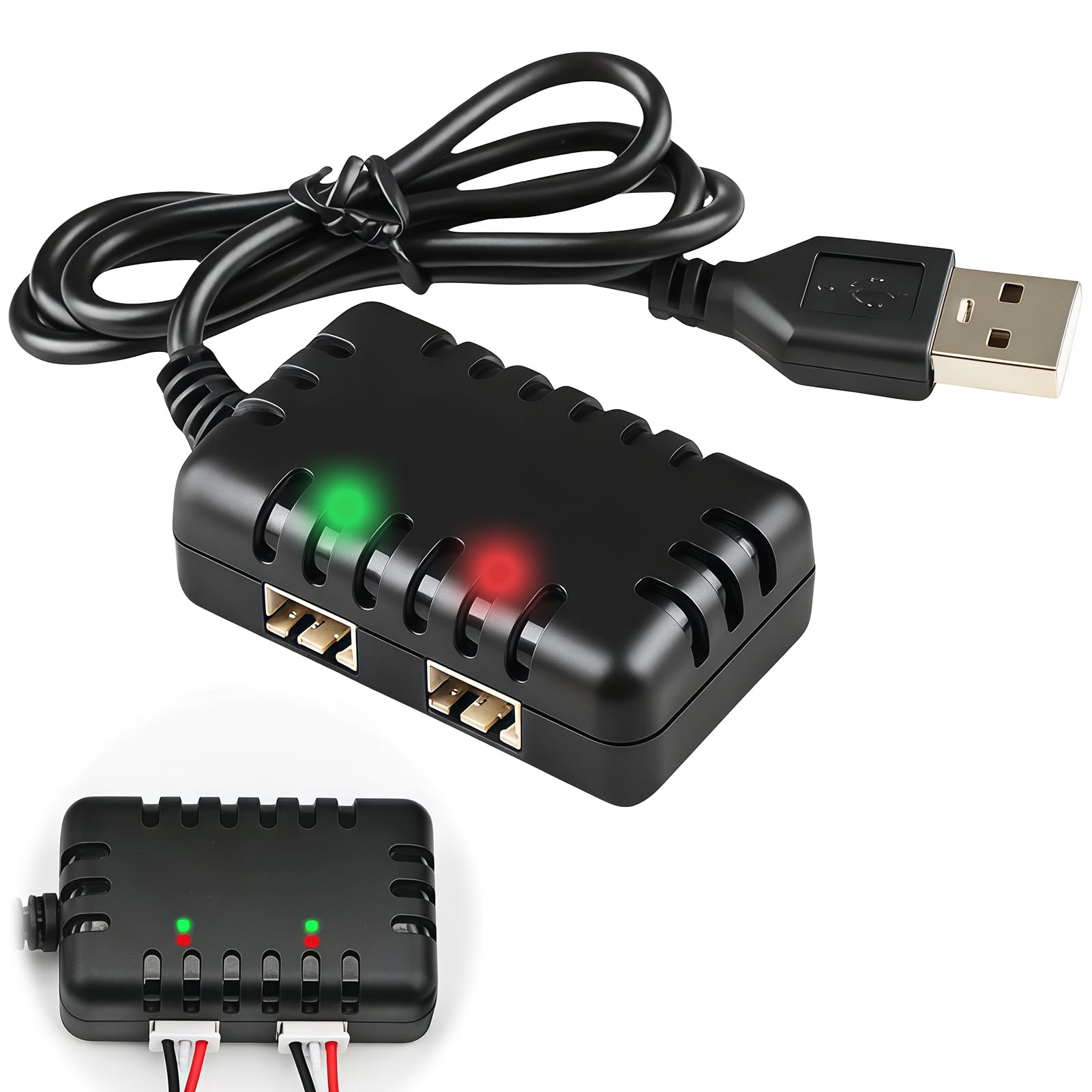 UIHRLM 7.4V Lipo Battery Charger, 1 to 2 Lipo Battery Chargers with XH-3P Connector, Universal USB Cable for 2S Batteries Compatible with Axial SCX10 SCX24 RC Car, Plane, Boat, Drone