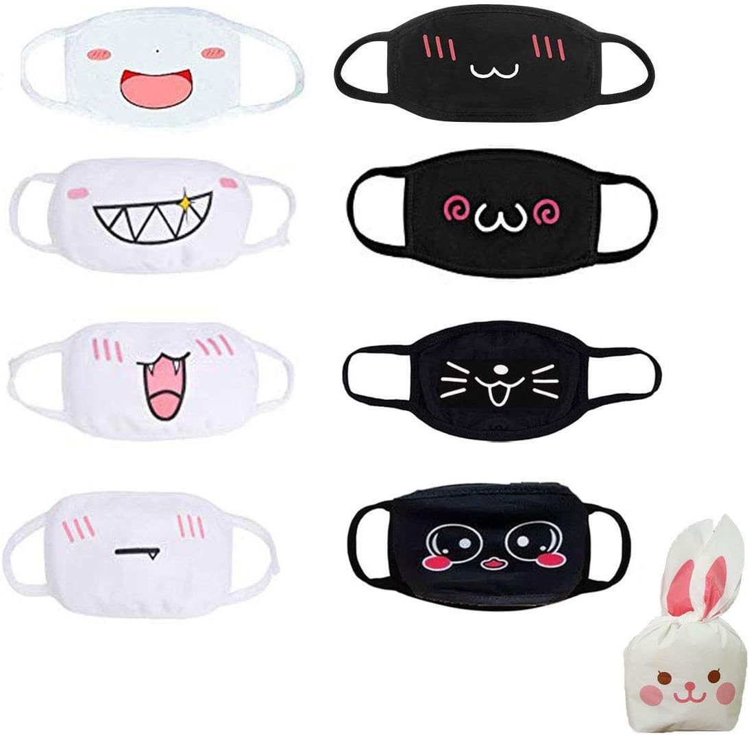 8 Pack Anime Face Masks Emoticon Mask Cute Kaomoji Kawaii Mouth Muffle Mask for Christmas Party, Black and White