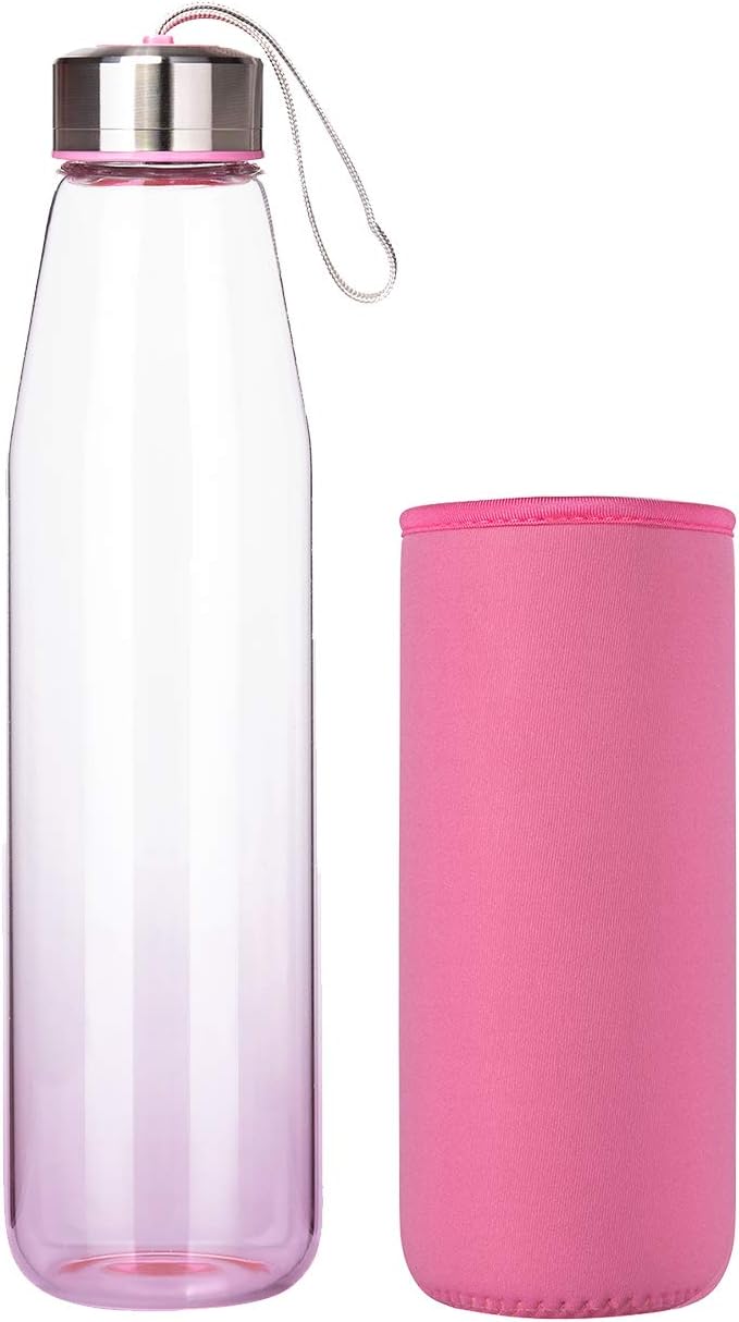DEARRAY Sport Borosilicate Glass Water Bottle with Neoprene Sleeve and Stylish Stainless Steel Lid 1000ml / 500ml