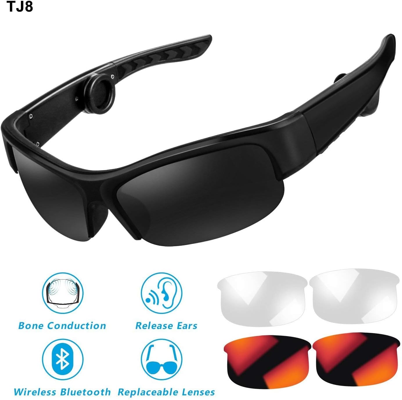 Bone Conduction Headphones Sunglasses,TJ8 Bone-Conducting Wireless Bluetooth Headset Polarized Glasses with Mic for Drivers,Outdoor Activities (B)