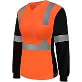 Uno Mejor Hi Vis Shirts for Women Construction Class 3 Work Shirts, High Visibility Reflective Safety T-Shirts for Women, Long Sleeve Work Shirts, Breathable, WCXJ-Orange S