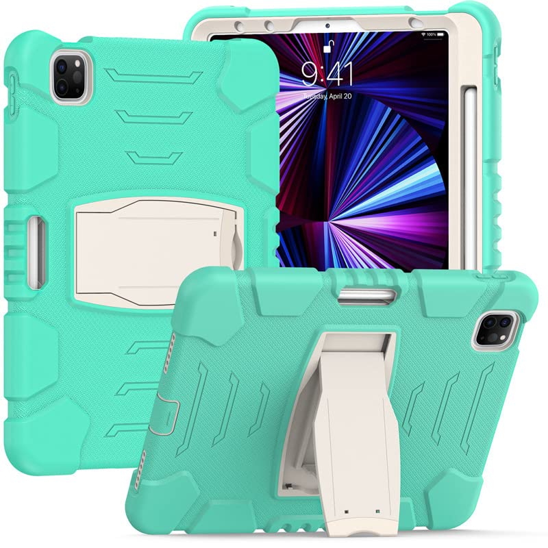 iPad Pro 11 2018/2020/2021 iPad Pro 11 Case with Kickstand, Heavy Duty Hybrid Shockproof Rugged Three Layer Tablet Case for Kids (Mint Green)