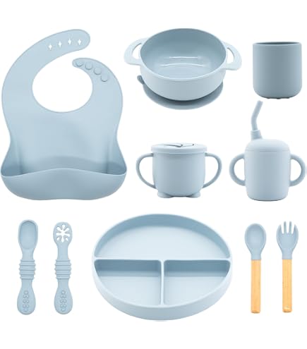 Baby Feeding Set | Silicone Bib Plates Bowls Spoons | Divided Plate Suction Bowl & Soft