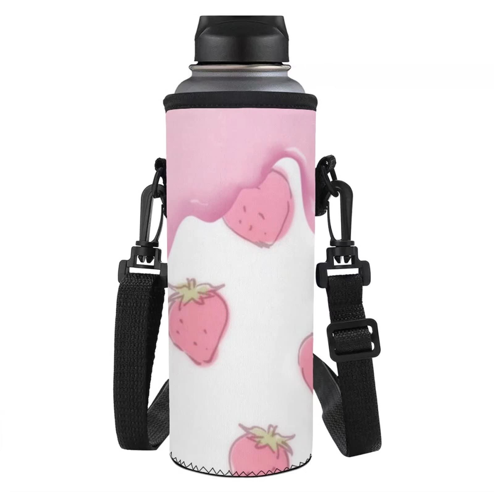Jndtueit Pink Strawberry Pattern Water Bottle Carrier Bag,Insulated Neoprene Carrying Tote Bag Water Drink Bottle Sleeve Holder