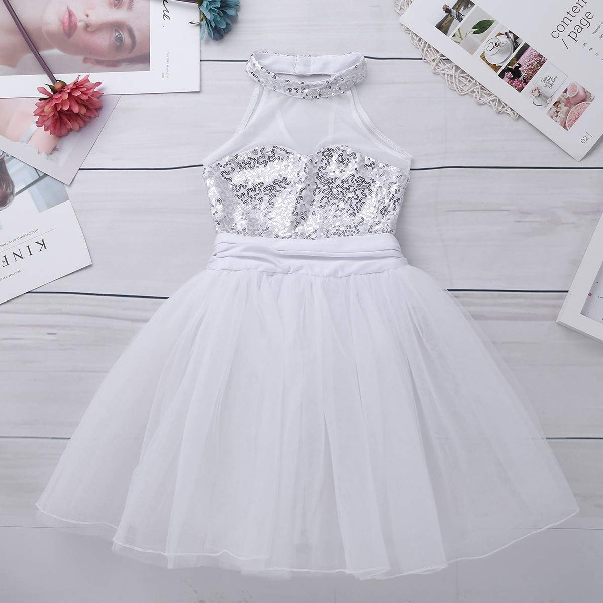 JEATHA Kids Girls Shiny Sequins Ballet Dance Costume Sleeveless Mock Neck Ice Roller Skating Dress Dancewear: Clothing