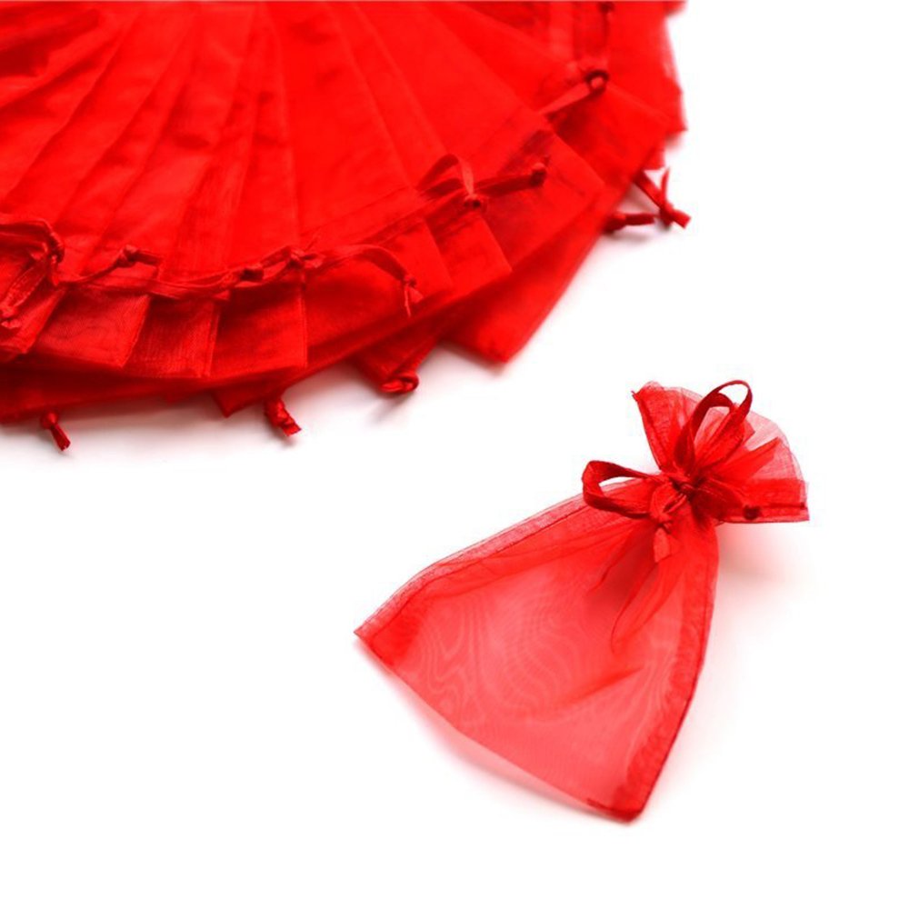 Set of 100 Organza Bag Party Favours, 7 x 9 cm Each red