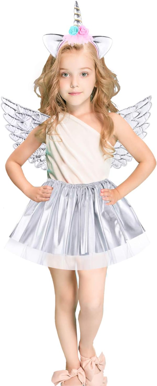 Girls Unicorn Shiny Metallic Flared Mini Skater Tutu Skirt Set wiht Unicorn Headband & Wings for Girls Unicorn Costumes