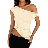 PRETTYGARDEN Womens Off The Shoulder Y2K Tops 2026 Summer Sleeveless Asymmetrical Ruched Going Out Tank Top Fashion Clothing