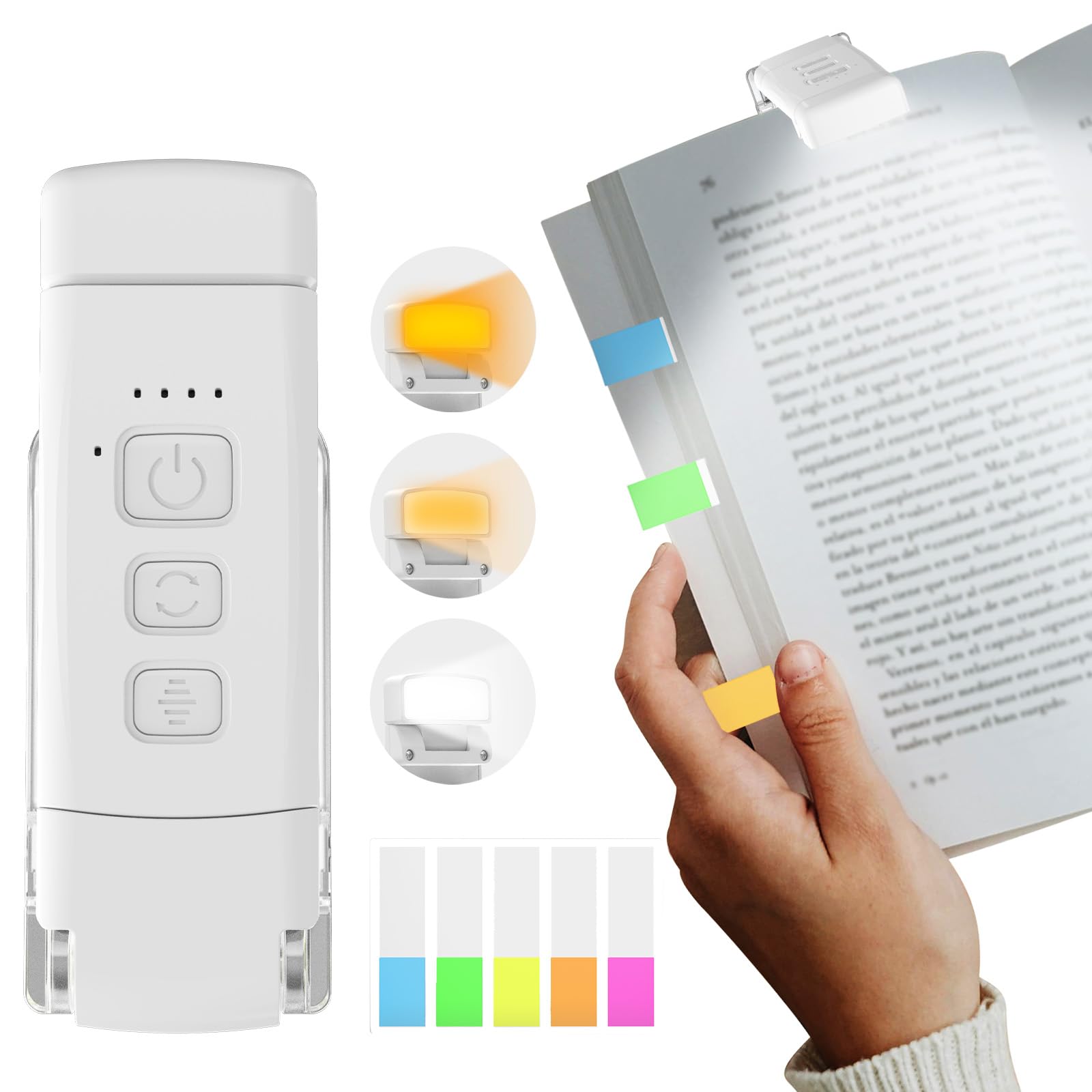 Bigqin Book Light with 100 Index Labels, Reading Lamp for Night, 3 Color Modes, 5 Dimmable Brightness, USB Rechargeable, Perfect for Booklovers and Kids, White