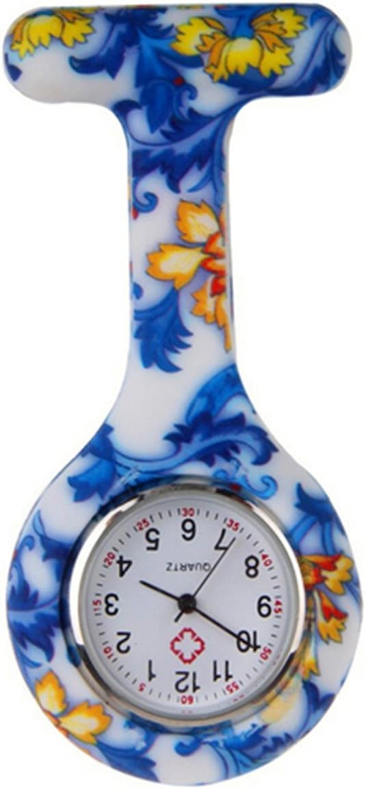 Mixe Fashion Coloured Patterned Nurse Watch Doctor Paramedic Tunic Brooch Fob Medical Watch Infections Control Silicone Hygienic Protection Cover Holder (Blue Flowers)