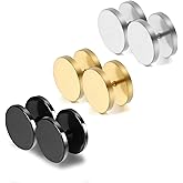 Cupimatch 3Pairs 3mm-12mm Screw Stud Earrings Mens Stainless Steel Cheater Fake Ear Plugs Gauges Illusion Tunnel, Black/Silver/Gold