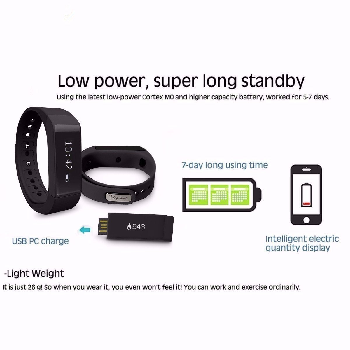 Tigerhu Smart Plus Wristband Armband Smart Fitness Tracker mit Schlaf-Monitor, Bluetooth 4.0, Sport Schrittzähler Activity Tracker mit Alarm/ Step Tracker/ Kalorienzähler/ Sleep Tracker für Android, iPhone IOS.