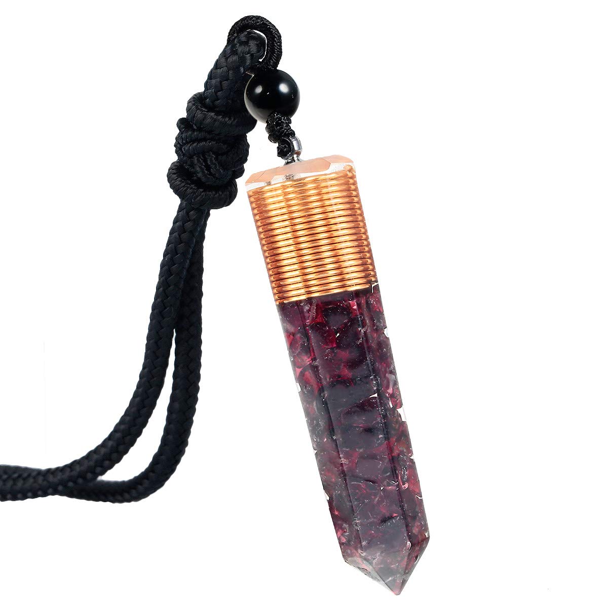mookaitedecor Garnet Crystal Point Pendent Necklace for Women Men, Resin Healing Crystal Chip Necklace Red Crystal Pendulum Necklace Hexagonal Semi Precious Stone Reiki Chakra Spiritual Gift