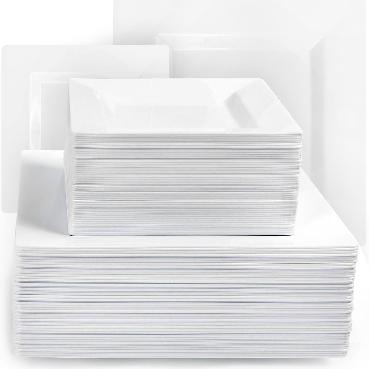 Photo 1 of Aya's Cutlery Kingdom 100 Square Plastic Plates - Heavy Duty Disposable Plates - Includes 50 Dinner Plates (10-Inch) and 50 Salad Appetizer Plates (7-Inch) - Elegant White Party Plate for Holidays