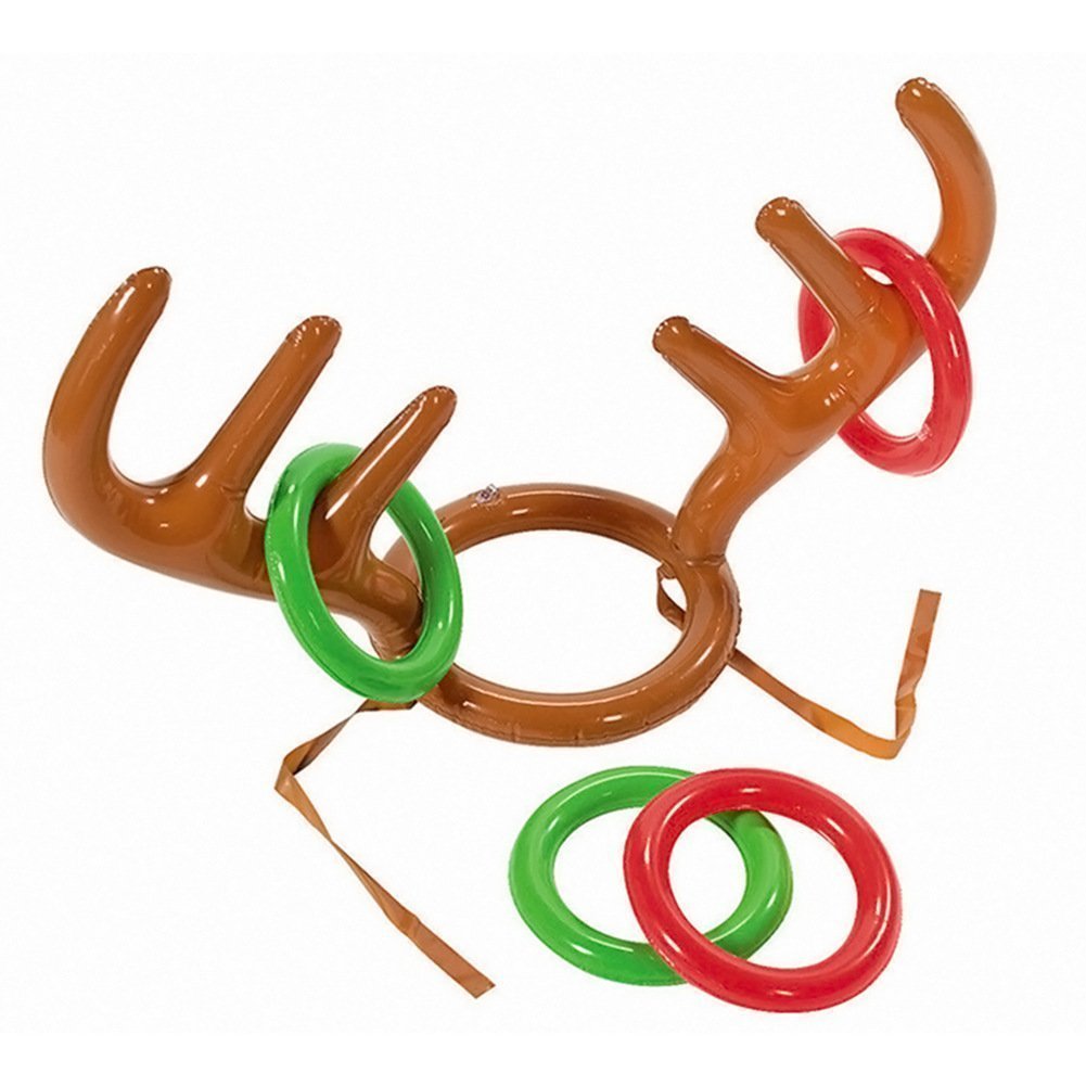 Honearn Christmas Party Toss Game Inflatable Reindeer Antler Hat with Rings Family Kids Office Xmas Fun Games