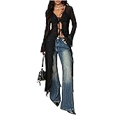 GORGLITTER Women's Sheer Cardigan Mesh Ruffle Bell Long Sleeve Tie Front Tops Y2K See Through Goth Alternative Clothes